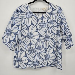 52sevene Blue White Floral Embroidered Top Eyelet Lace Blouse Size XL